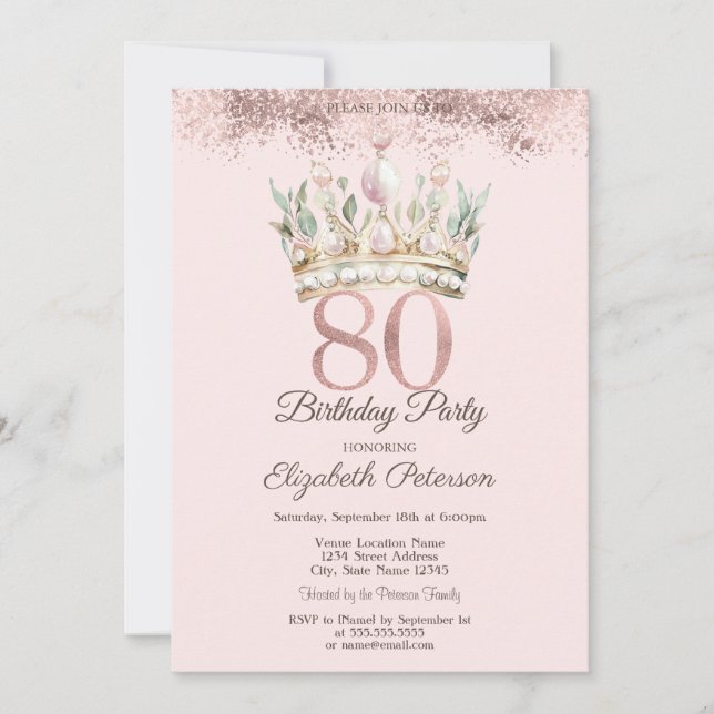 Princess Watercor Crown Floral 80th Birthday  Invitation (Front)