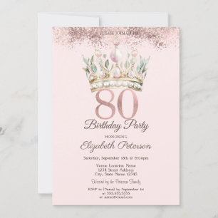 Princess Watercor Crown Floral 80th Birthday Invitation