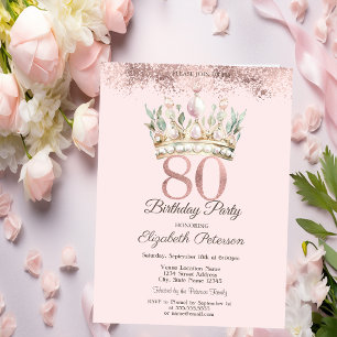 Princess Watercor Crown Floral 80th Birthday  Invitation