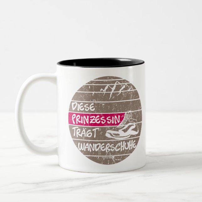 Princess wears hiking shoes, sunset Two-Tone coffee mug (Left)