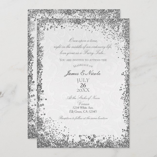 Princess White Damask Storybook Elegant Wedding Invitation (Front/Back)
