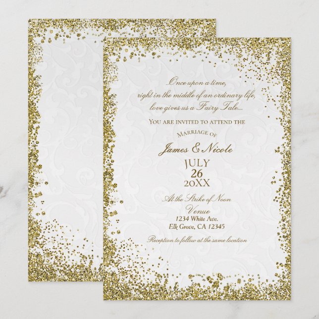 Princess White Damask Storybook Elegant Wedding Invitation (Front/Back)