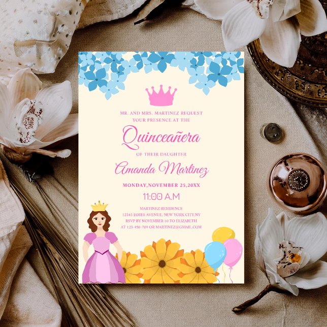 princess with flowers elegant vibrant quinceañera  invitation (Creator Uploaded)