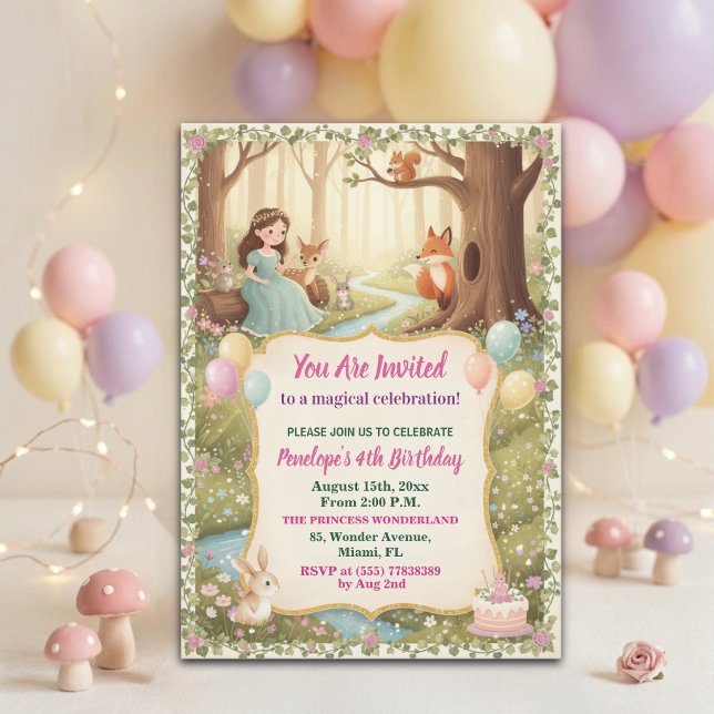 Princess with Forest Animals 4th Birthday Party Invitation (Creator Uploaded)