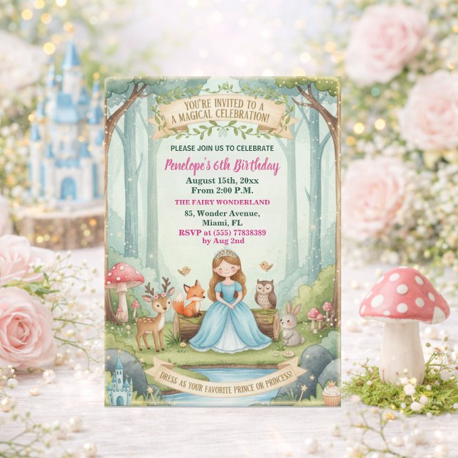 Princess with Forest Animals 6th Birthday Party Invitation (Creator Uploaded)