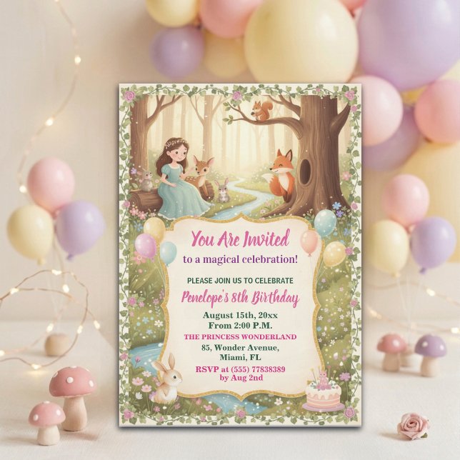 Princess with Forest Animals 8th Birthday Party Invitation (Creator Uploaded)