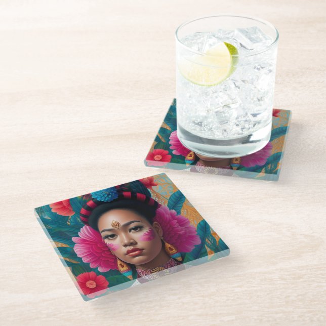 Princess with pink flower cheeks glass coaster (Angled)