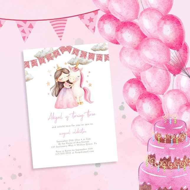 Princess with Unicorn Watercolor Birthday Invitation (Creator Uploaded)