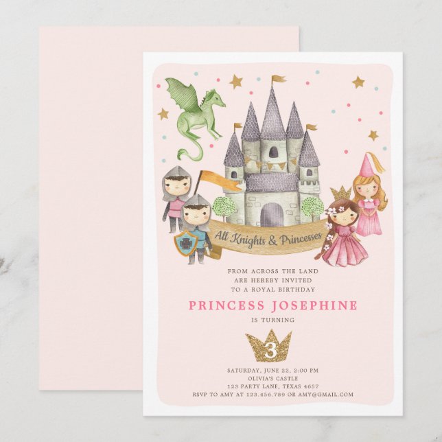 Princesses and Knights Girl Birthday Invitation (Front/Back)