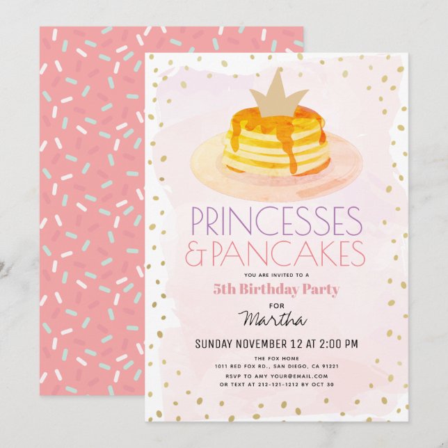 Princesses & Pancakes Pink Gold Girl Birthday Invitation (Front/Back)