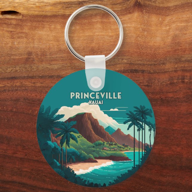 Princeville Kauai Hawaii Beach Mountains Retro Key Ring (Front)