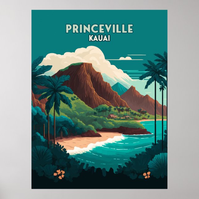 Princeville Kauai Hawaii Beach Mountains Retro Poster (Front)