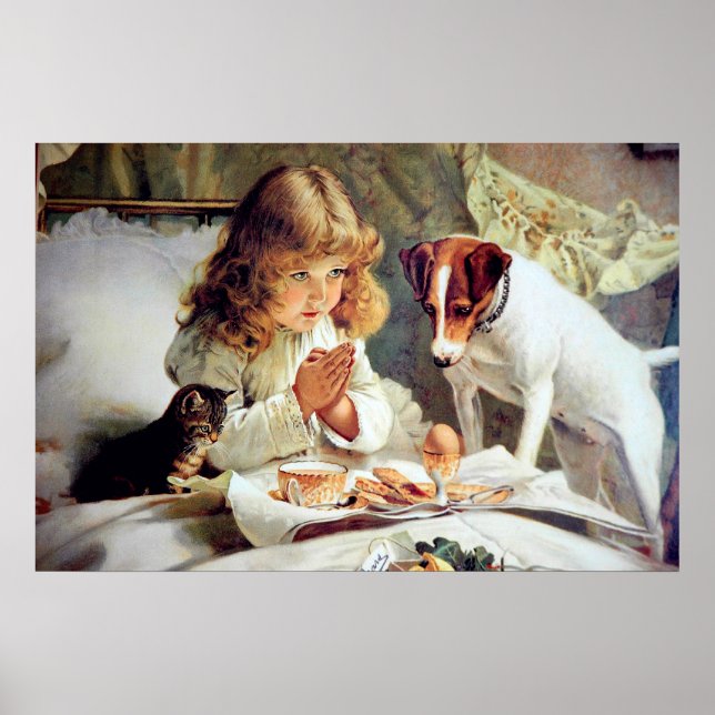 Print: Breakfast in Bed: Girl, Fox Terrier & Kitty Poster (Front)