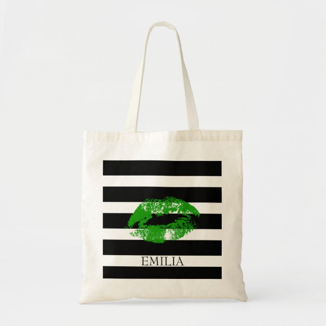 Print Of Green Lips And Stripes Tote Bag (Front)