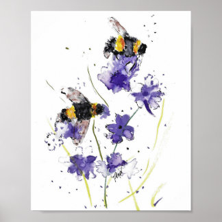 Print of original watercolor of Bees & Violets