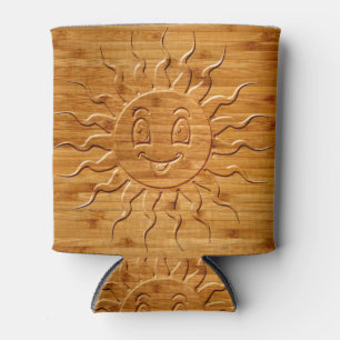 Print Of Smiling Sun Face Carved In Wood Can Cooler