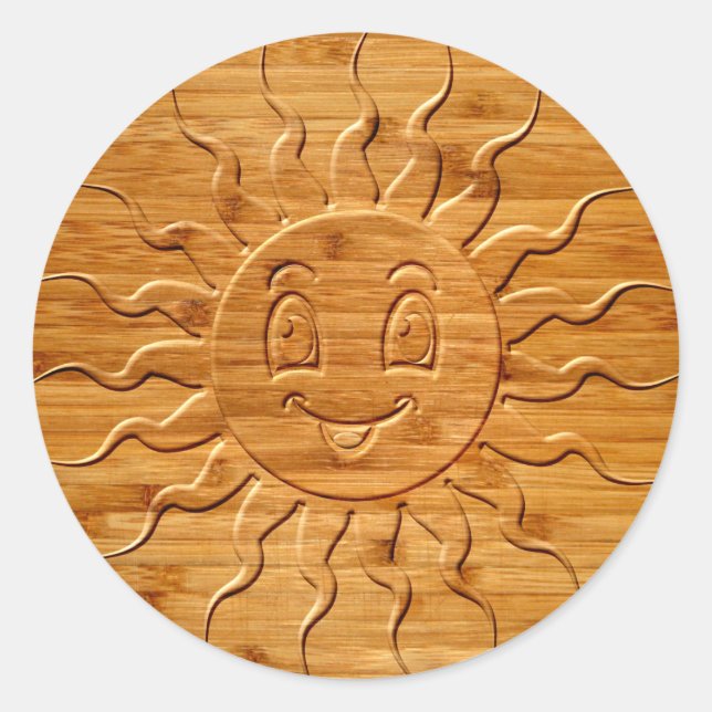 Print Of Smiling Sun Face Carved In Wood Classic Round Sticker (Front)
