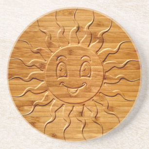 Print Of Smiling Sun Face Carved In Wood Coaster