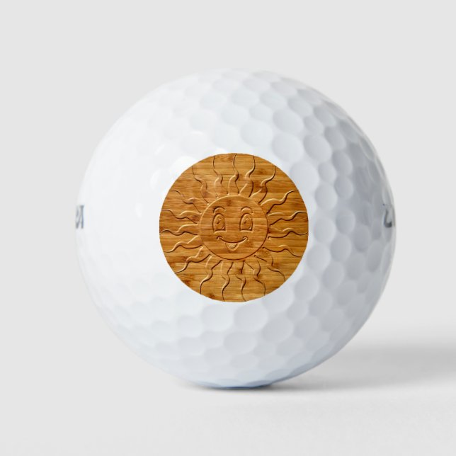 Print Of Smiling Sun Face Carved In Wood Golf Balls (Front)