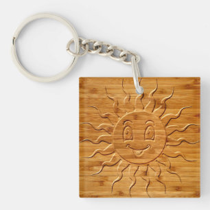 Print Of Smiling Sun Face Carved In Wood Key Ring