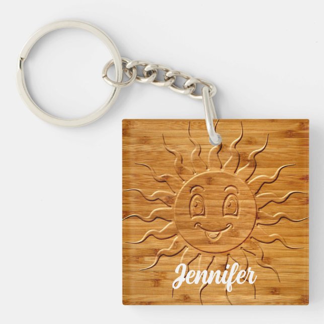 Print Of Smiling Sun Face Carved In Wood  Key Ring (Front)