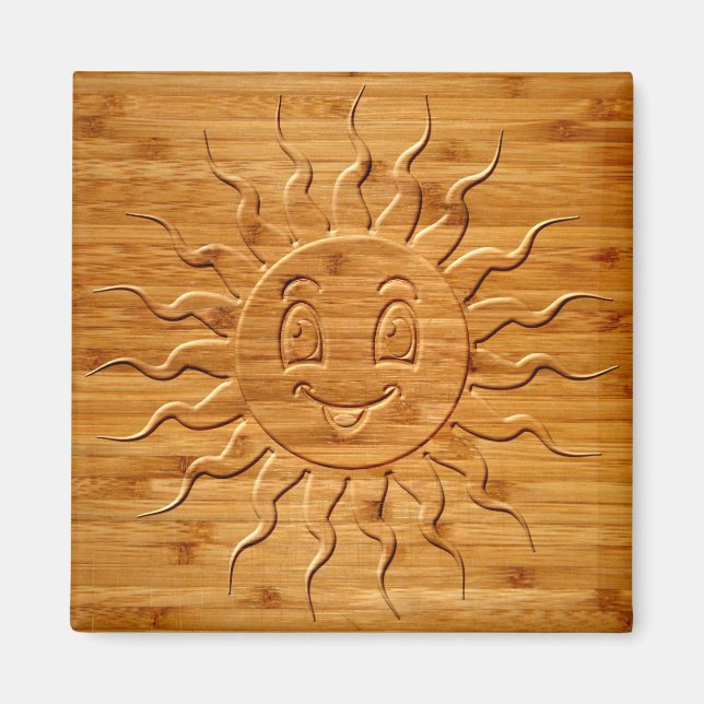 Print Of Smiling Sun Face Carved In Wood Magnet (Front)