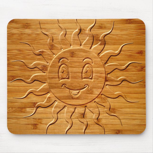 Print Of Smiling Sun Face Carved In Wood Mouse Mat (Front)