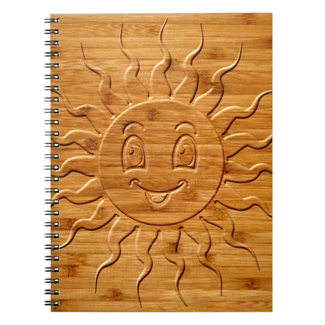 Print Of Smiling Sun Face Carved In Wood Notebook (Front)