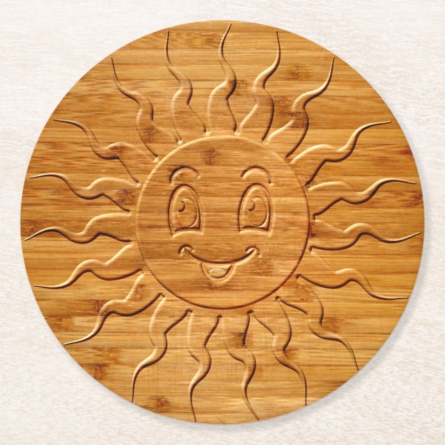 Print Of Smiling Sun Face Carved In Wood Round Paper Coaster (Front)