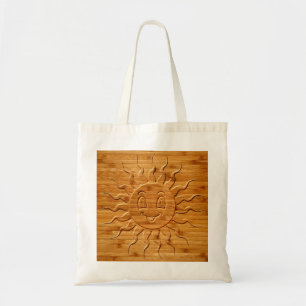 Print Of Smiling Sun Face Carved In Wood Tote Bag