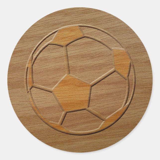Print Of Soccer Ball Carved In Wood Classic Round Sticker (Front)