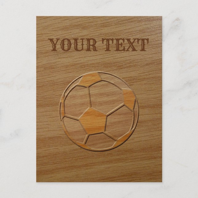 Print Of Soccer Ball Carved In Wood Custom Text Postcard (Front)