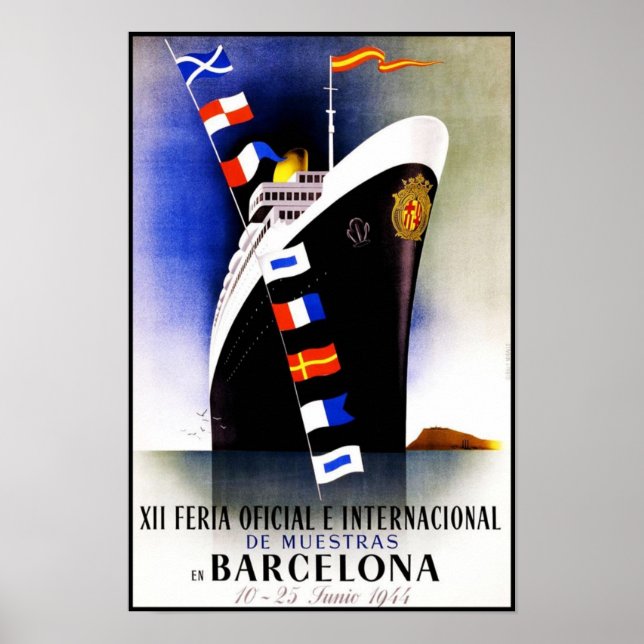 Print Retro Vintage Image Travel Barcelona Ship (Front)