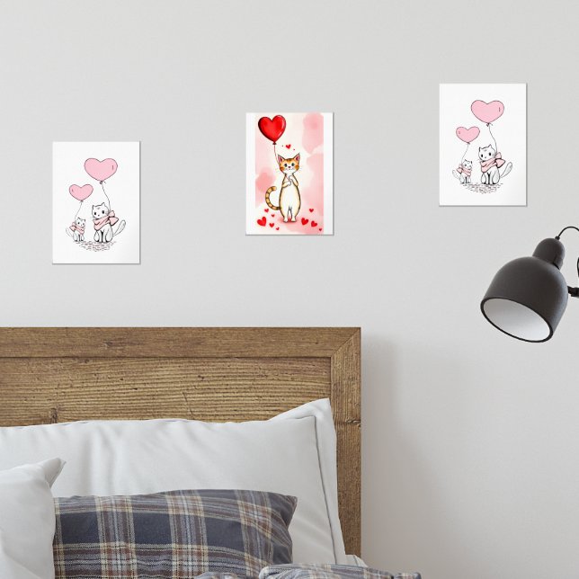 Print Set  Cat Red & Pink Hearts (Bedroom)