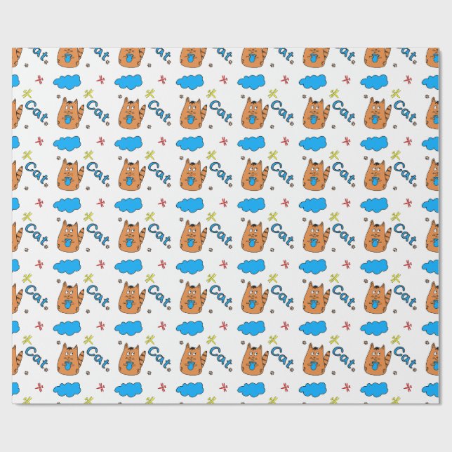 Print with a cute cartoon-style cat holding a cup  wrapping paper (Flat)
