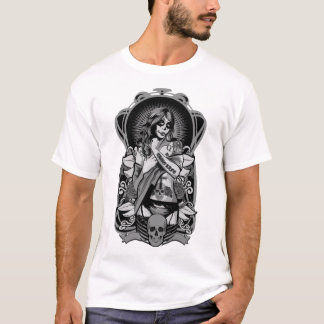 Print with  gangster woman. Chicano tattoo style. T-Shirt