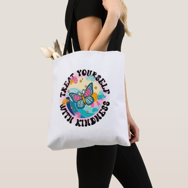 print with the phrase treat yourself with kindness tote bag (Close Up)