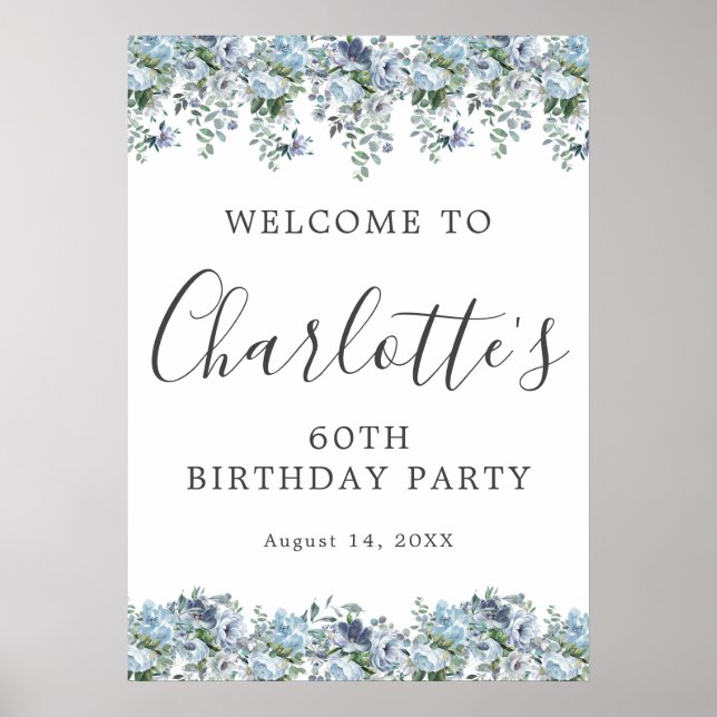 Printable 60th Birthday Blue Floral Welcome Poster (Front)