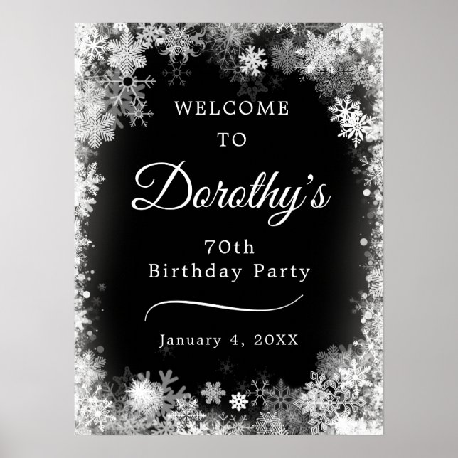 Printable 70th Birthday Snowflake Black Welcome Poster (Front)