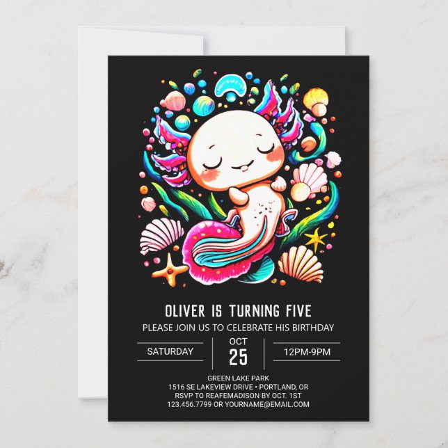 Printable Axolotl Colourful Birthday Invitation (Front)