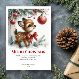 Printable Baby Fawn Christmas Scene Watercolor Holiday Card