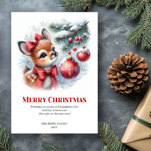 Printable Baby Fawn Christmas Scene Watercolor Holiday Card