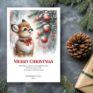 Printable Baby Fawn Christmas Scene Watercolor  Holiday Card