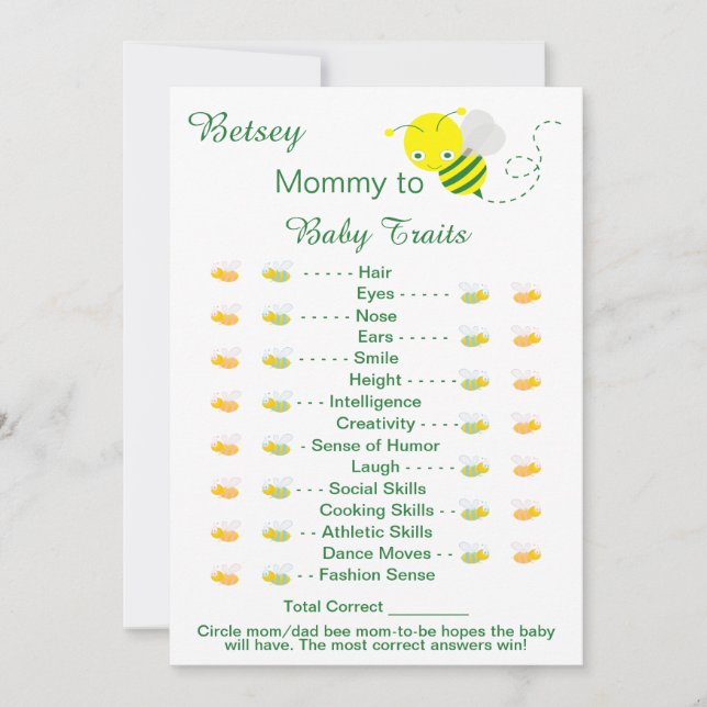 Printable Baby Shower Game Baby Traits Cards (Front)