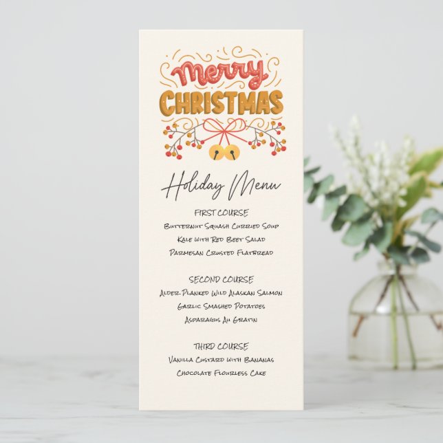 Printable Berries and Bells Holiday Menu Invitation (Standing Front)