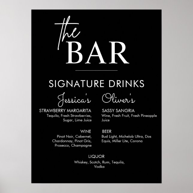 Printable Black Wedding Signature Drink Bar Sign (Front)