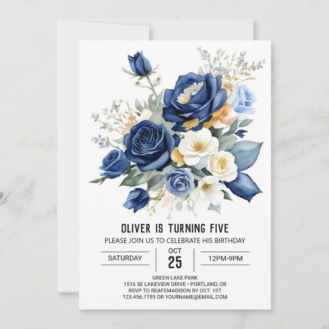  Printable Blue Floral Birthday Invitation (Front)