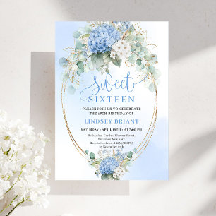 Printable Blue Hydrangea Sweet Sixteen Birthday Invitation