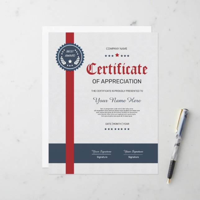Printable Certificate Of Appreciation (Front/Back In Situ)
