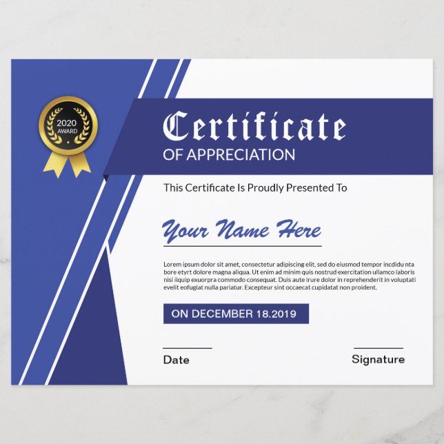 Printable Certificate Of Appreciation (Front)